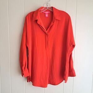 Catherine Malandrino Sz S Casual Drop Shoulder Sleeve Boyfriend Blouse-Red